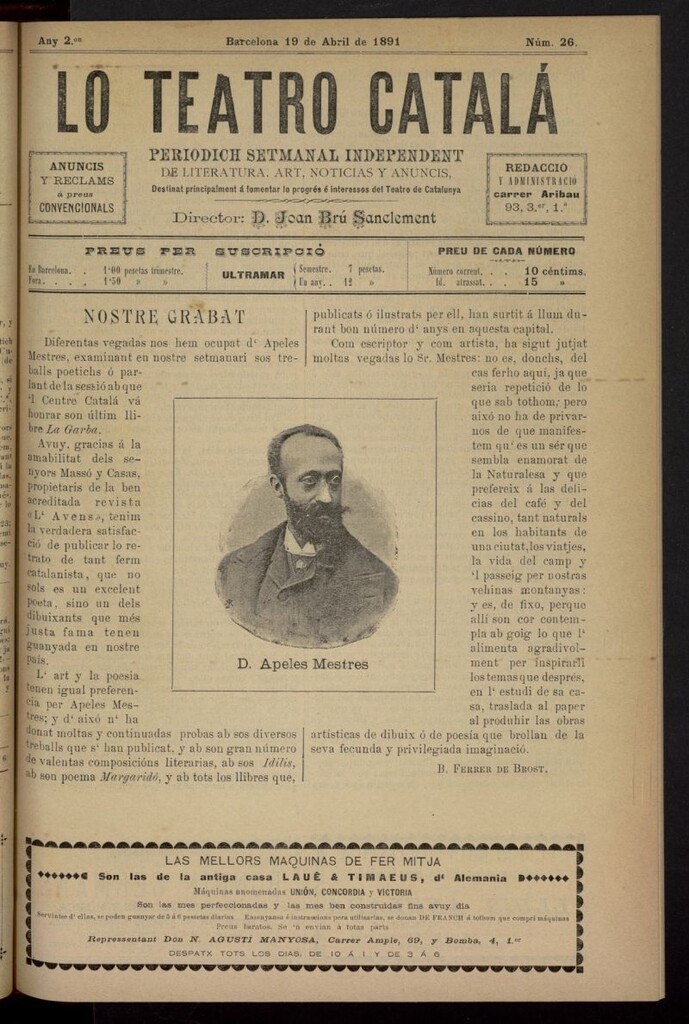Miniatura de Lo Teatro Catalá del 19 de abril de 1891, nº 26