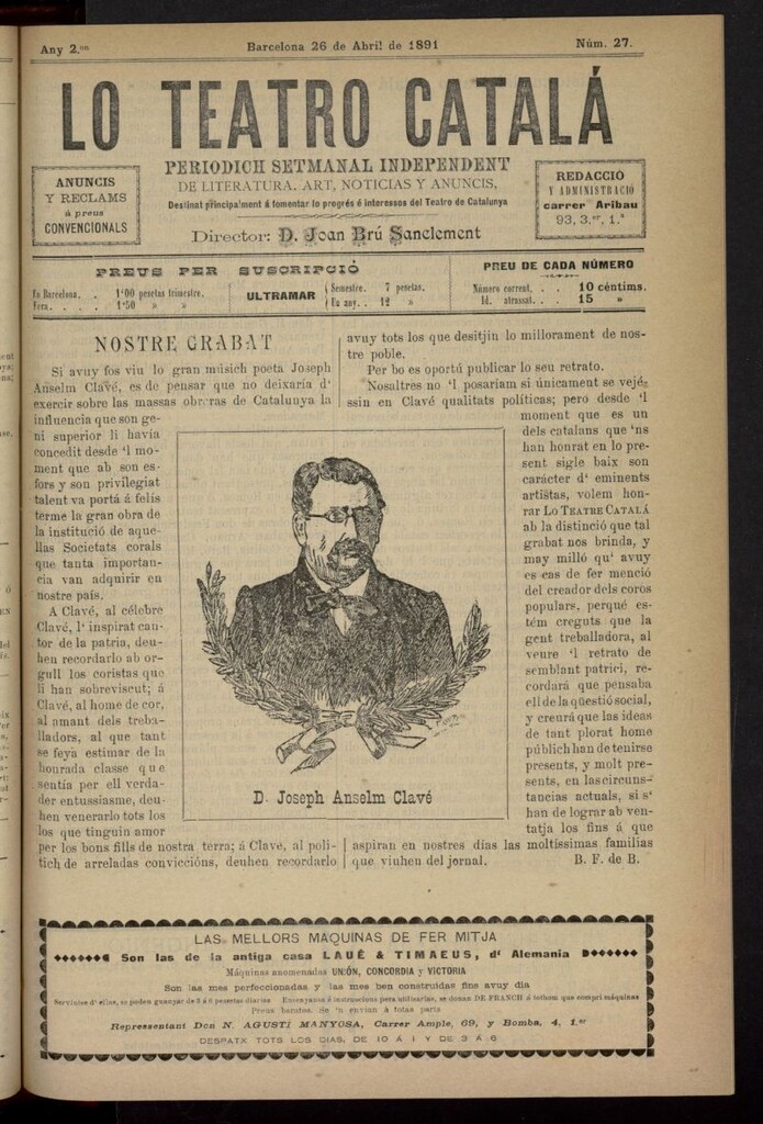Miniatura de Lo Teatro Catalá del 26 de abril de 1891, nº 27