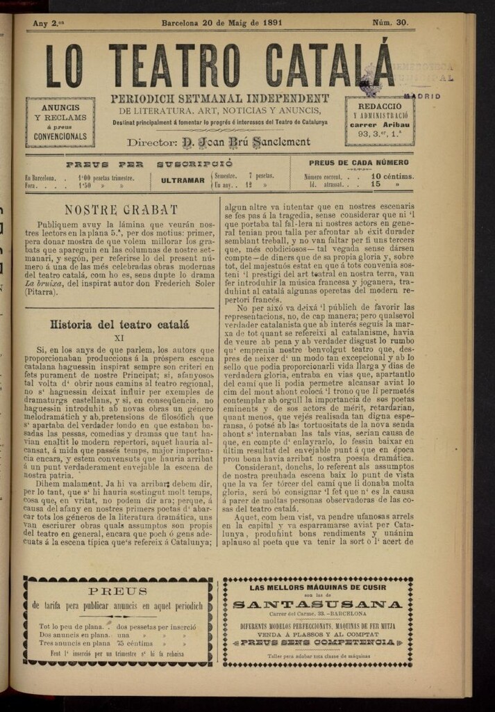Miniatura de Lo Teatro Catalá del 20 de mayo de 1891, nº 30