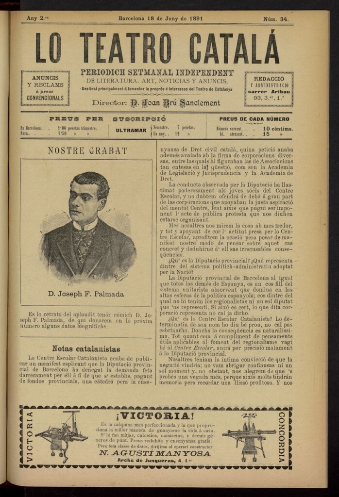 Miniatura de Lo Teatro Catalá del 18 de junio de 1891, nº 34