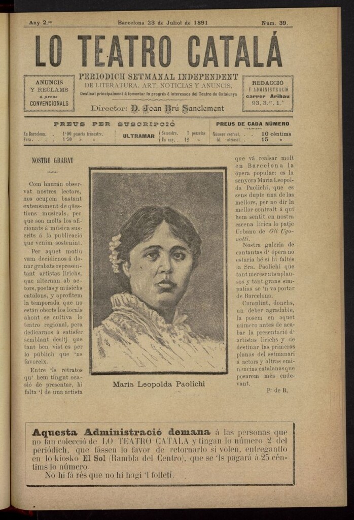 Miniatura de Lo Teatro Catalá del 23 de julio de 1891, nº 39