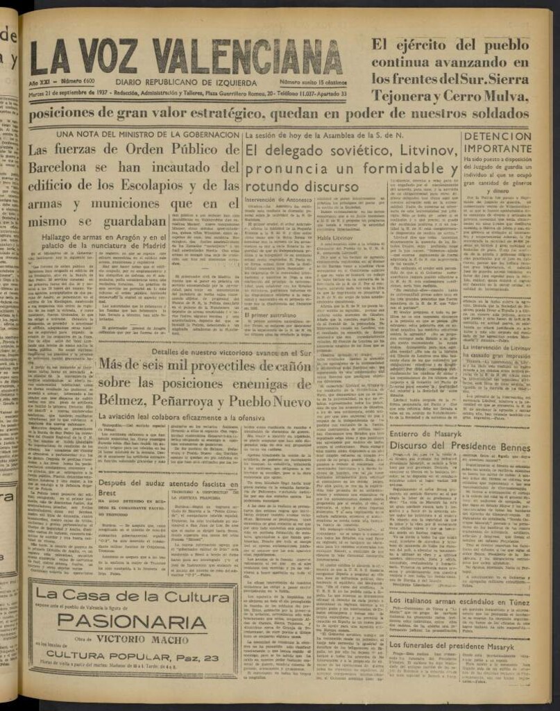 Miniatura de La Voz Valenciana del 21 de septiembre de 1937