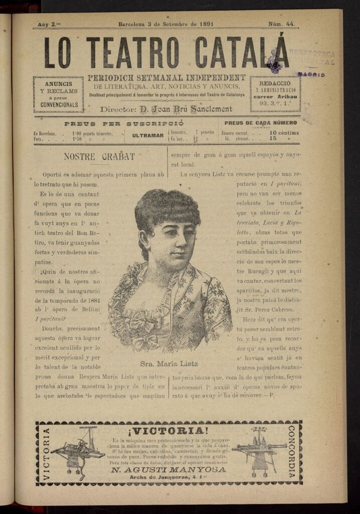 Miniatura de Lo Teatro Catalá del 3 de septiembre de 1891, nº 44