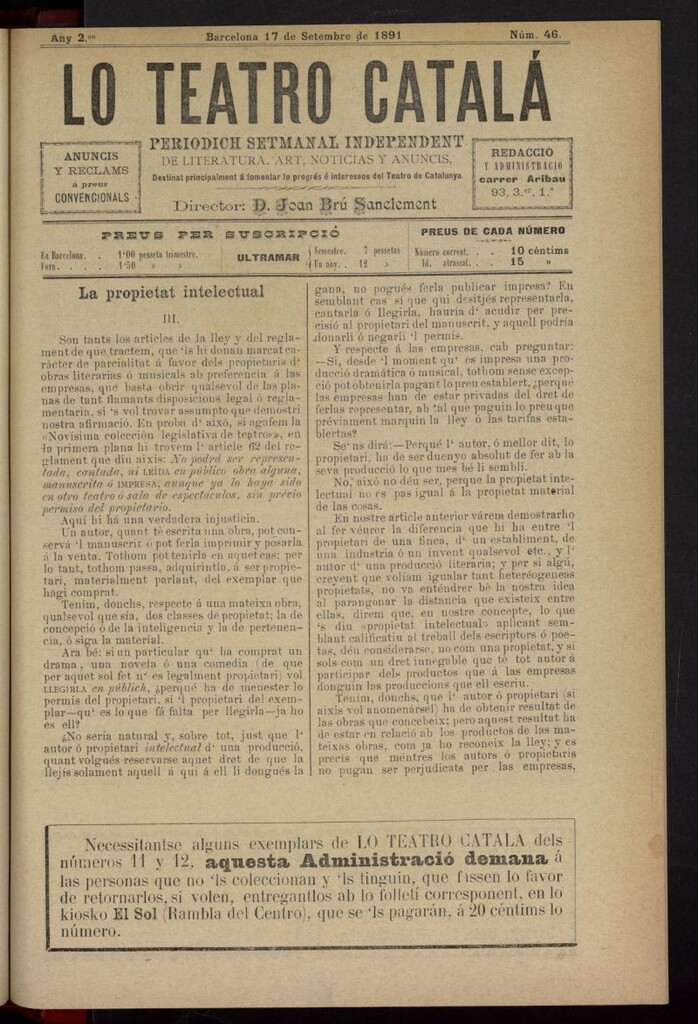 Miniatura de Lo Teatro Catalá del 17 de septiembre de 1891, nº 46