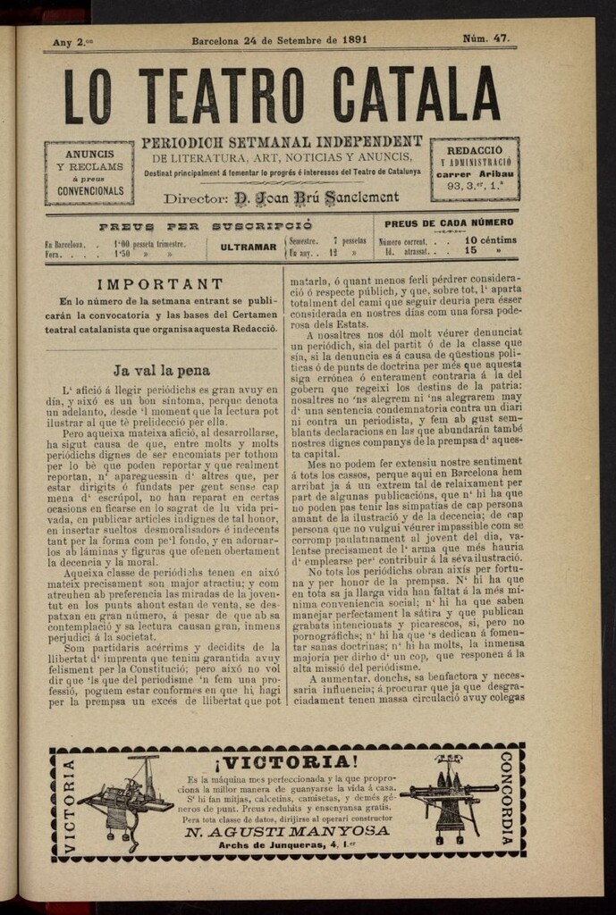Miniatura de Lo Teatro Catalá del 24 de septiembre de 1891, nº 47