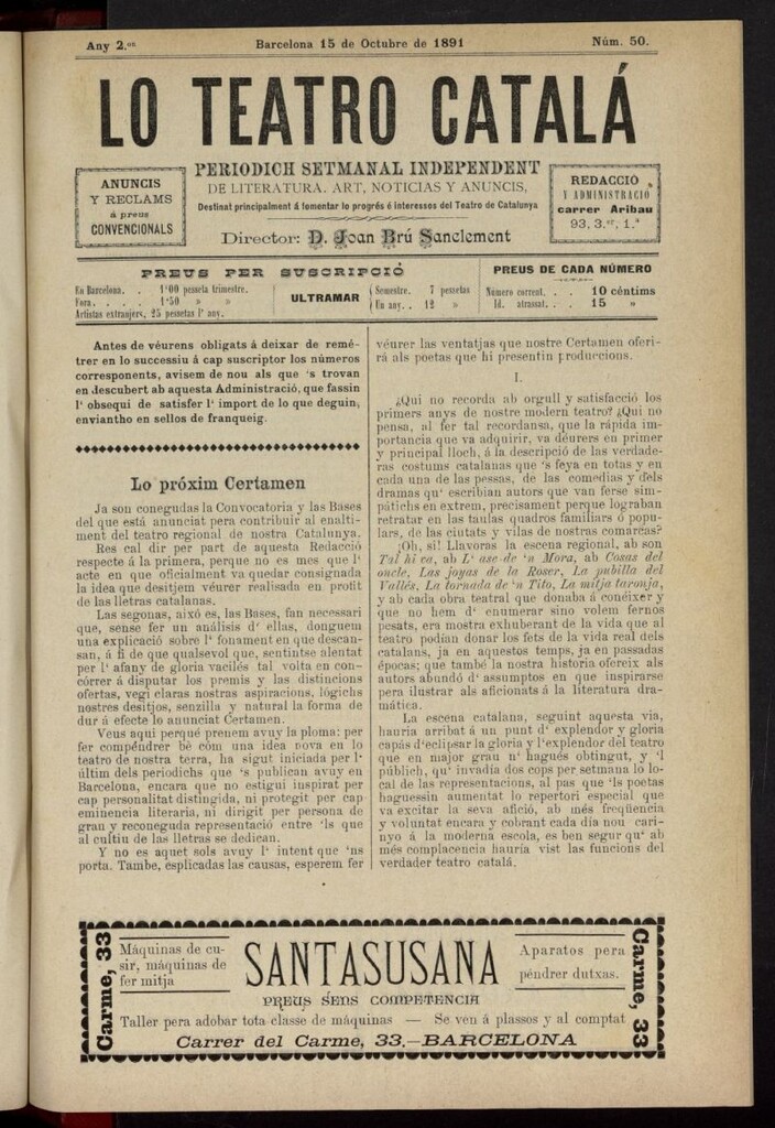 Miniatura de Lo Teatro Catalá del 15 de octubre de 1891, nº 50
