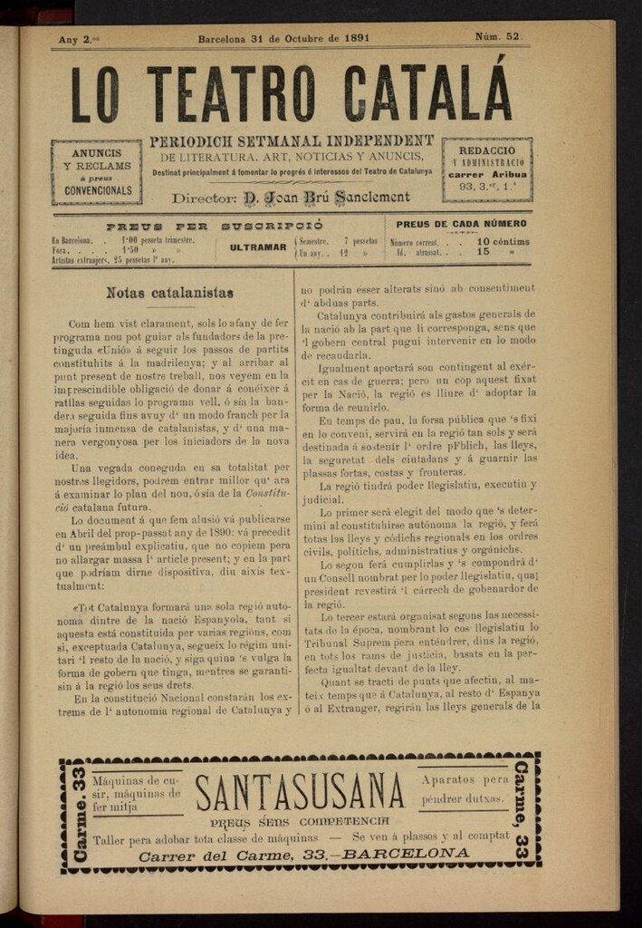 Miniatura de Lo Teatro Catalá del 31 de octubre de 1891, nº 52