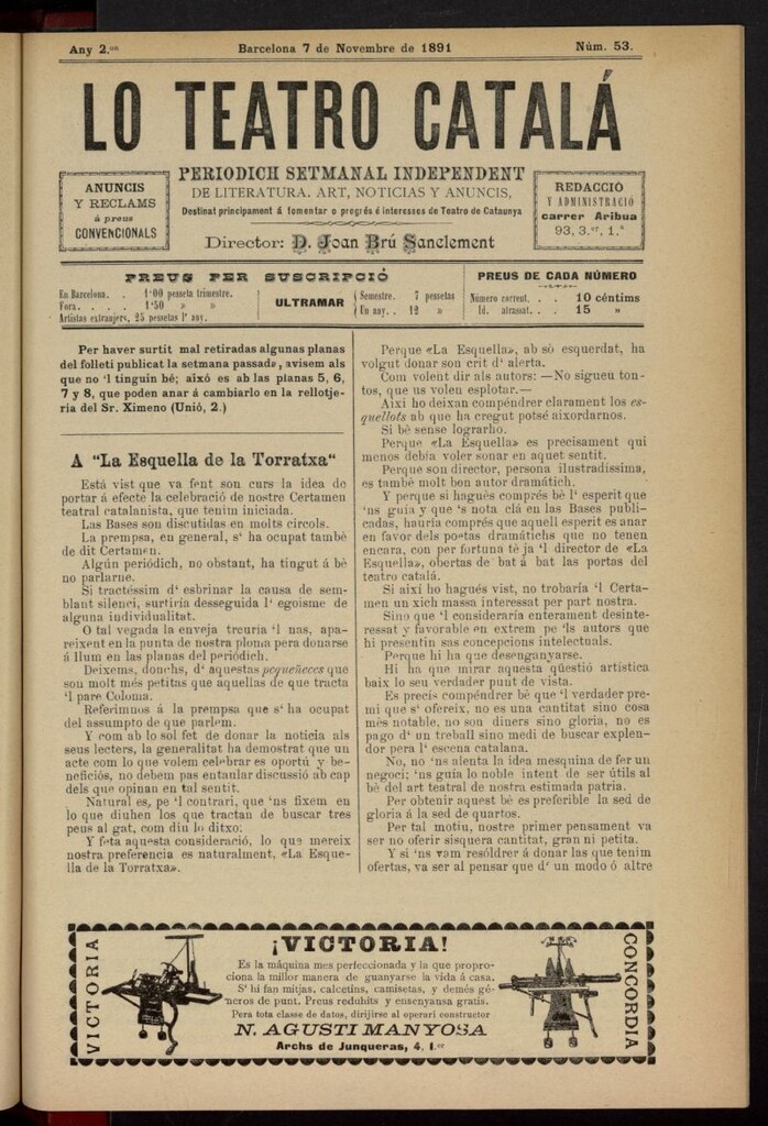 Miniatura de Lo Teatro Catalá del 7 de noviembre de 1891, nº 53