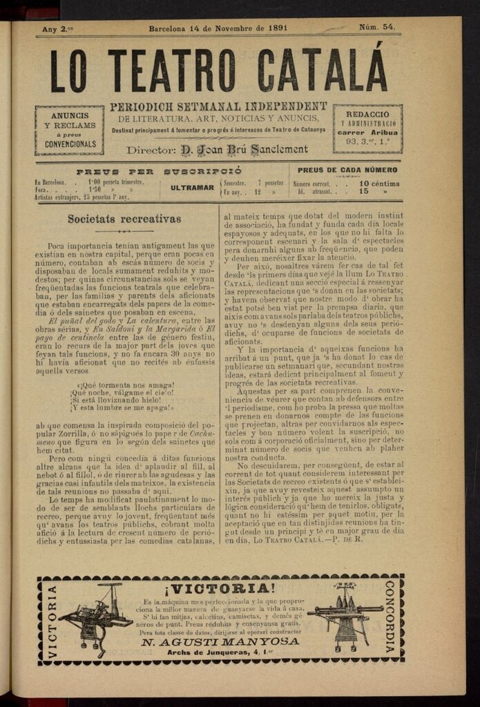 Miniatura de Lo Teatro Catalá del 14 de noviembre de 1891, nº  54