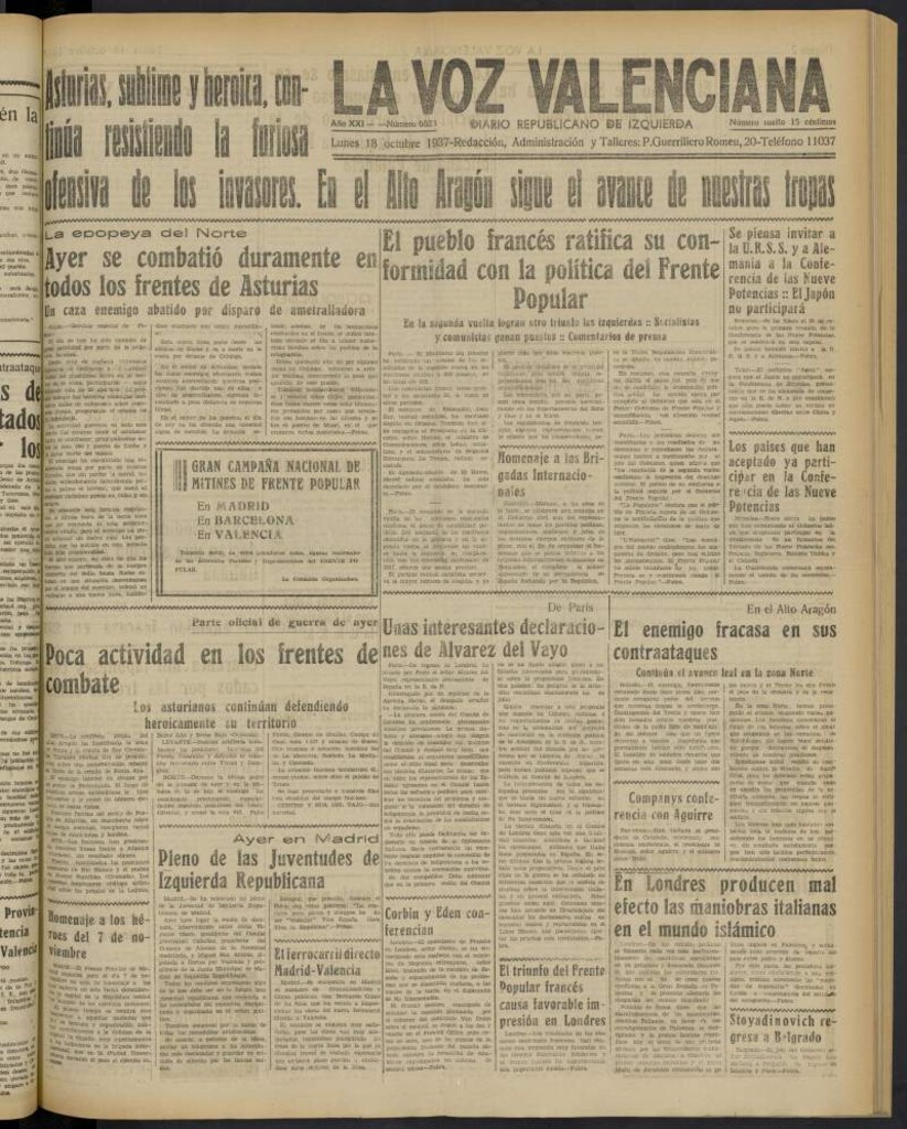 Miniatura de La Voz Valenciana del 18 de octubre de 1937