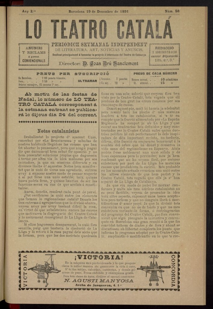 Miniatura de Lo Teatro Catalá del 19 de diciembre de 1891, nº 58