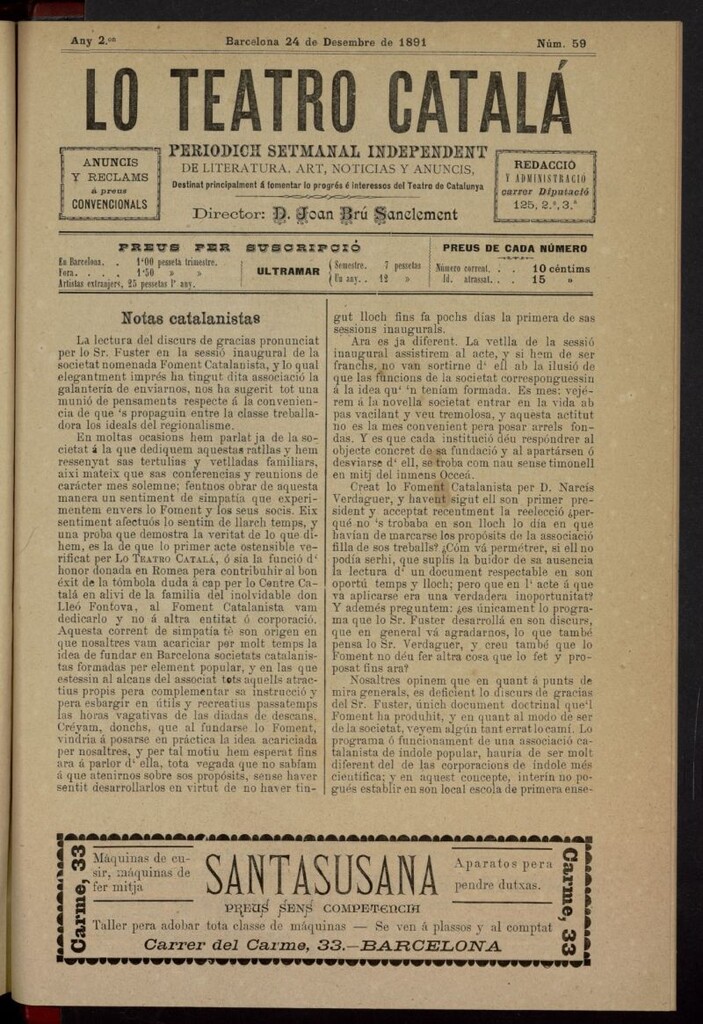 Miniatura de Lo Teatro Catalá del 24 de diciembre de 1891, nº 59