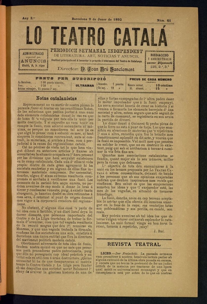 Miniatura de Lo Teatro Catalá del 9 de jener de 1892