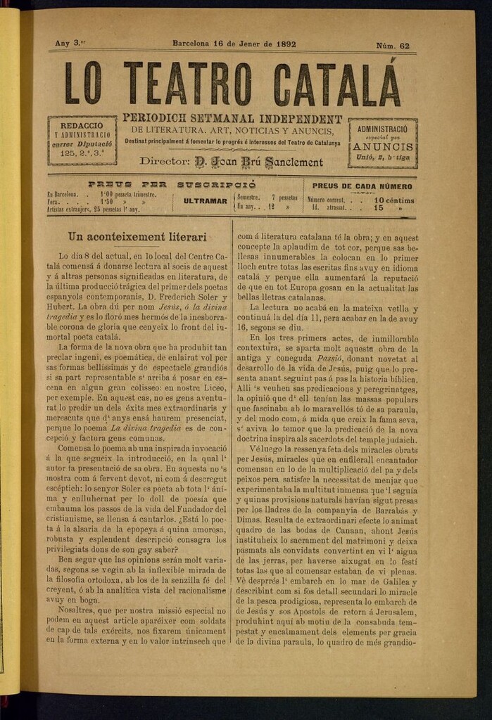 Miniatura de Lo Teatro Catalá del 16 de jener de 1892
