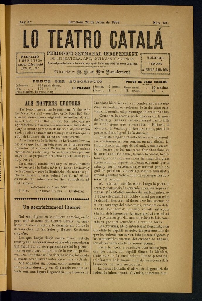 Miniatura de Lo Teatro Catalá del 23 de jener de 1892