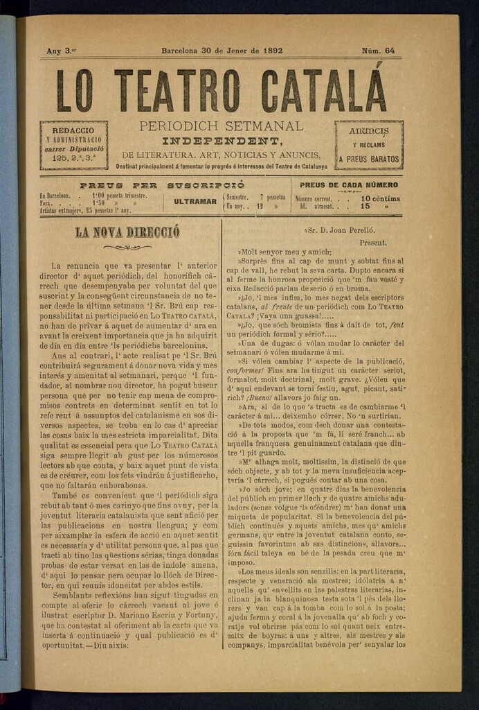 Miniatura de Lo Teatro Catalá del 30 de jener de 1892