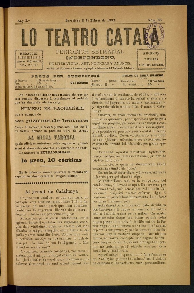 Miniatura de Lo Teatro Catalá del 6 de febrer de 1892