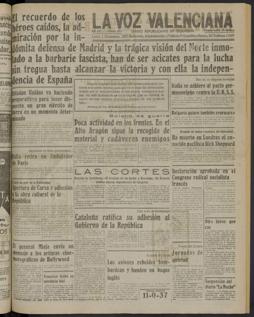 Miniatura de La Voz Valenciana del 1 de noviembre de 1937