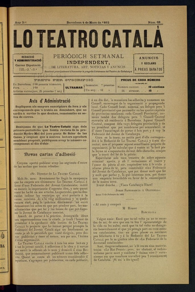 Miniatura de Lo Teatro Catalá del 4 de mars de 1892