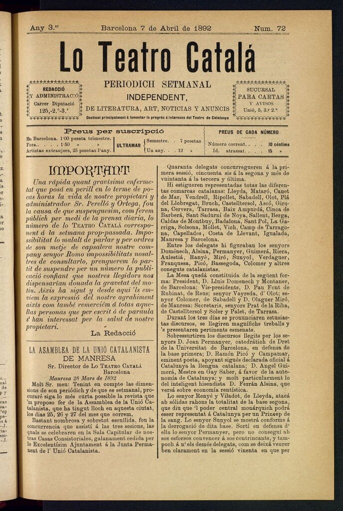 Miniatura de Lo Teatro Catalá del 7 d´abril de 1892