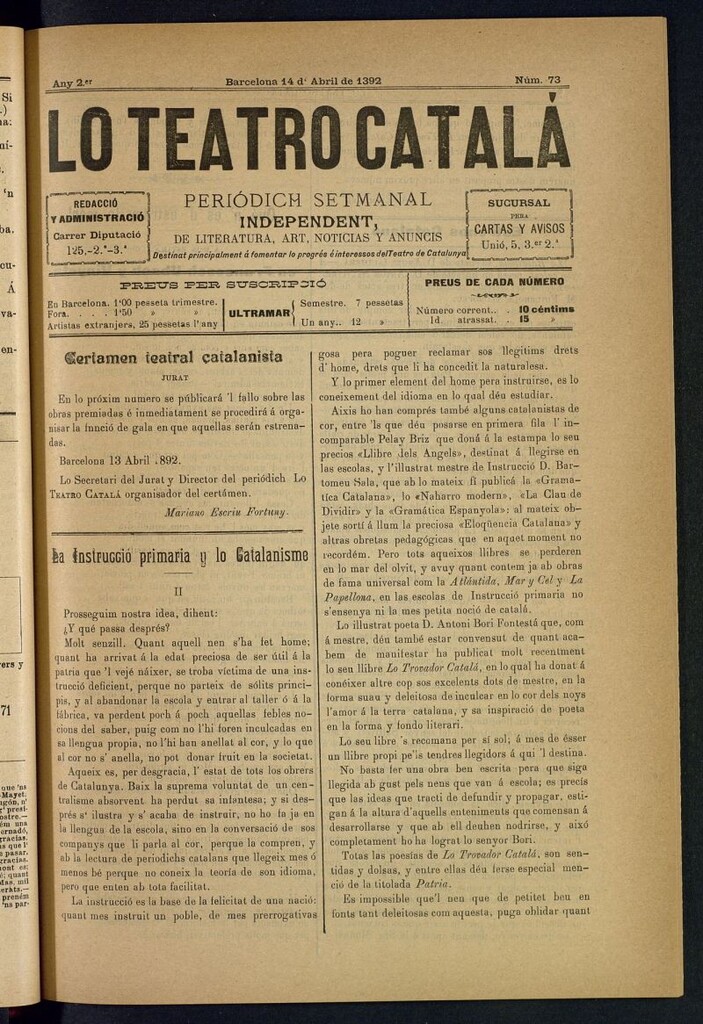 Miniatura de Lo Teatro Catalá del 14 d´abril de 1892