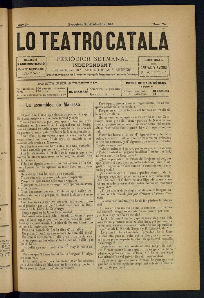Miniatura de Lo Teatro Catalá del 21 d´abril de 1892
