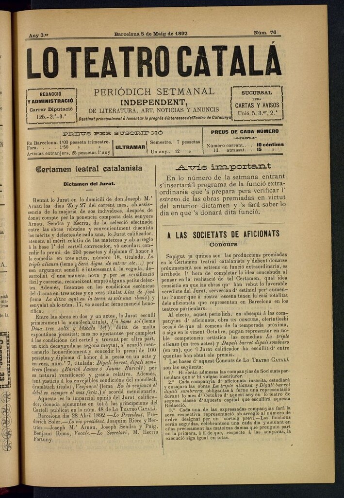 Miniatura de Lo Teatro Catalá del 5 de maig de 1892