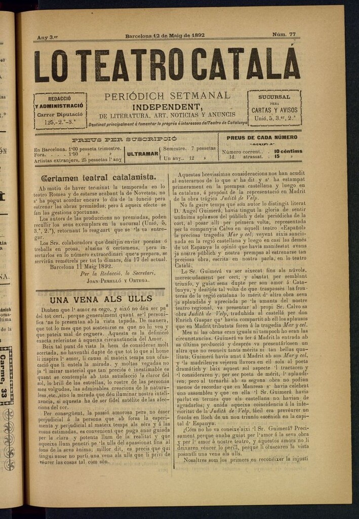 Miniatura de Lo Teatro Catalá del 12 de maig de 1892