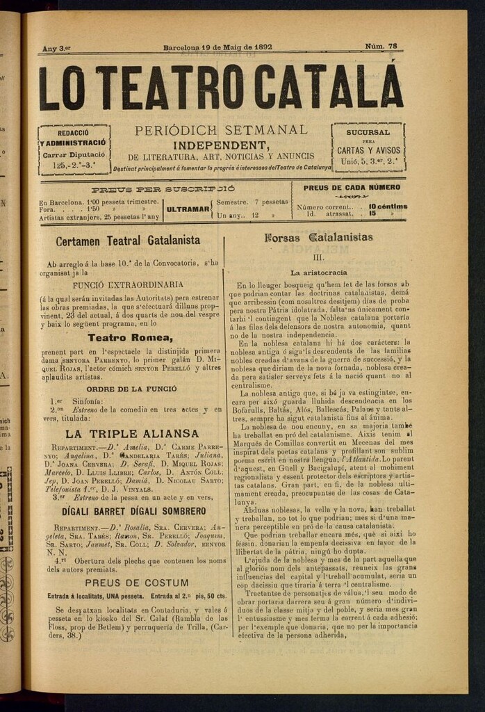 Miniatura de Lo Teatro Catalá del 19 de maig de 1892