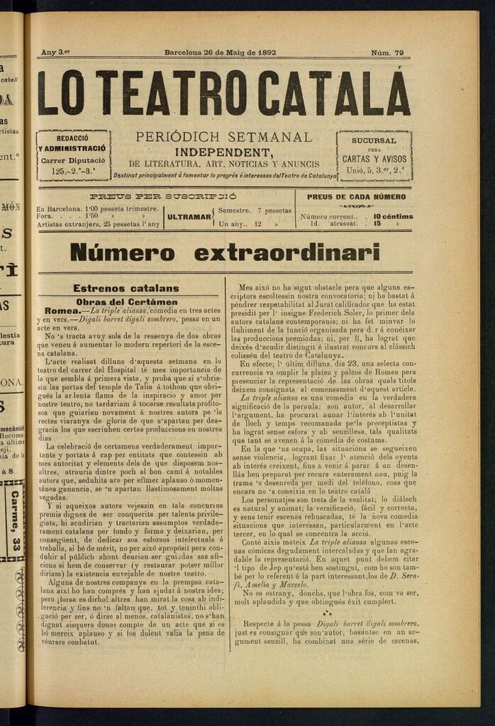 Miniatura de Lo Teatro Catalá del 26 de maig de 1892
