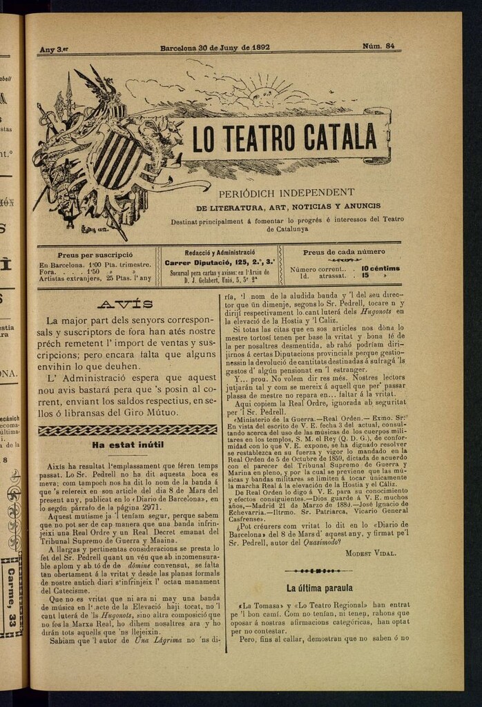 Miniatura de Lo Teatro Catalá del 30 de juny de 1892