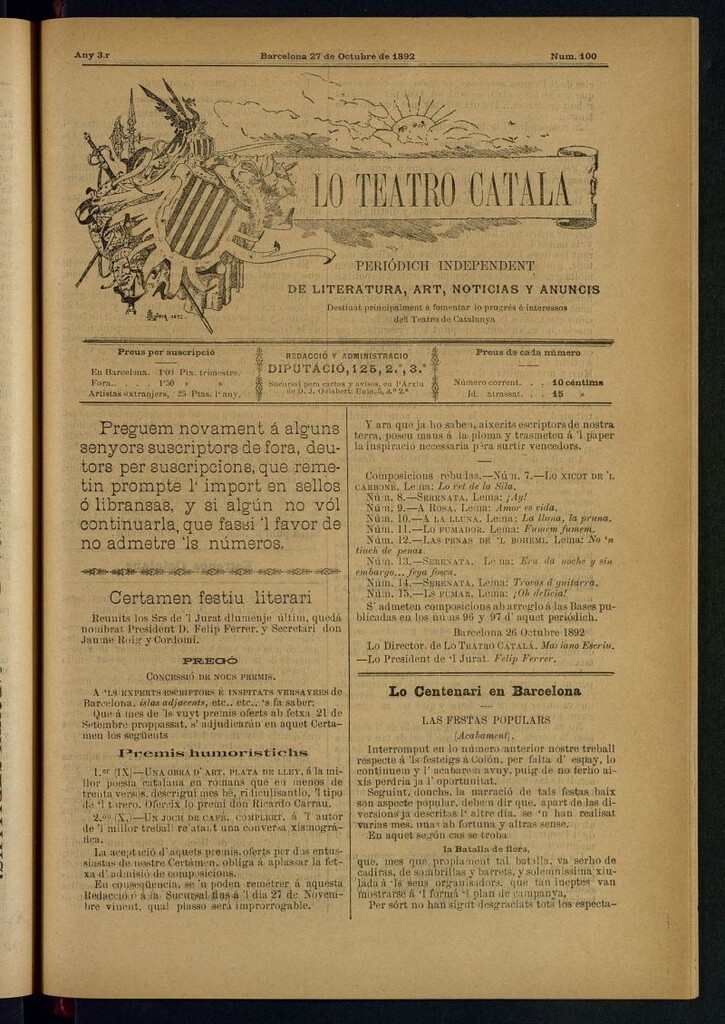 Miniatura de Lo Teatro Catalá del 27 de octubre de 1892