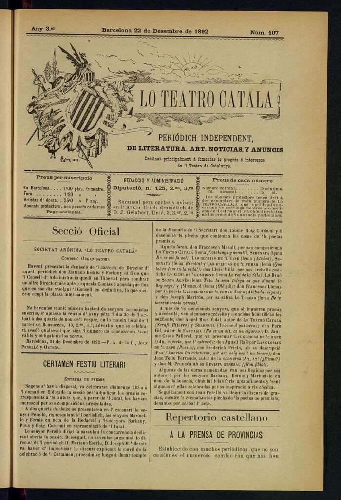 Miniatura de Lo Teatro Catalá del 22 de desembre de 1892