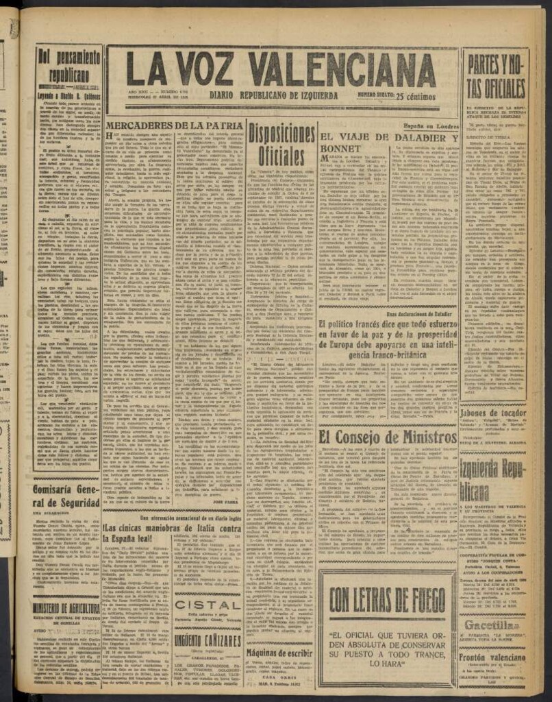 Miniatura de La Voz Valenciana del 27 de abril de 1938