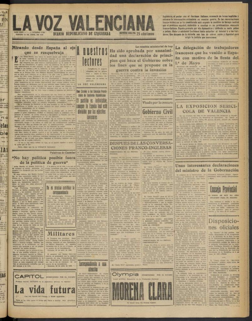 Miniatura de La Voz Valenciana del 30 de abril de 1938