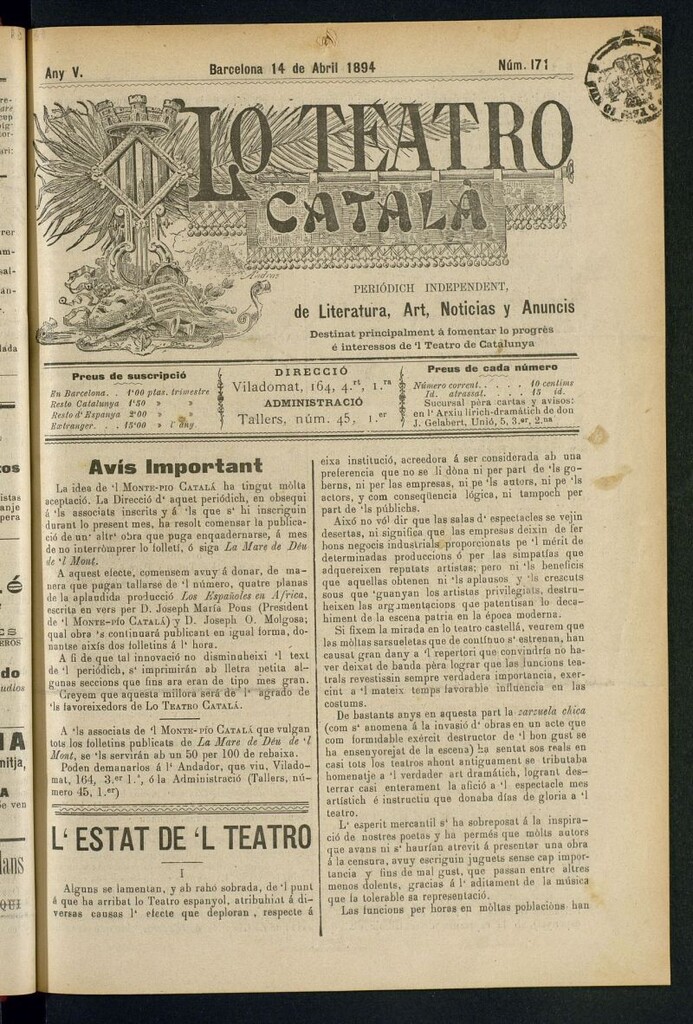 Miniatura de Lo Teatro Catalá del 14 de abril de 1894