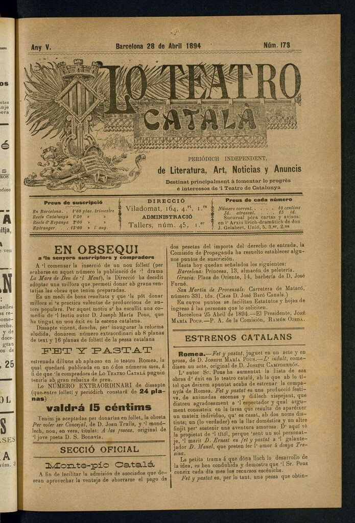 Miniatura de Lo Teatro Catalá del 28 de abril de 1894