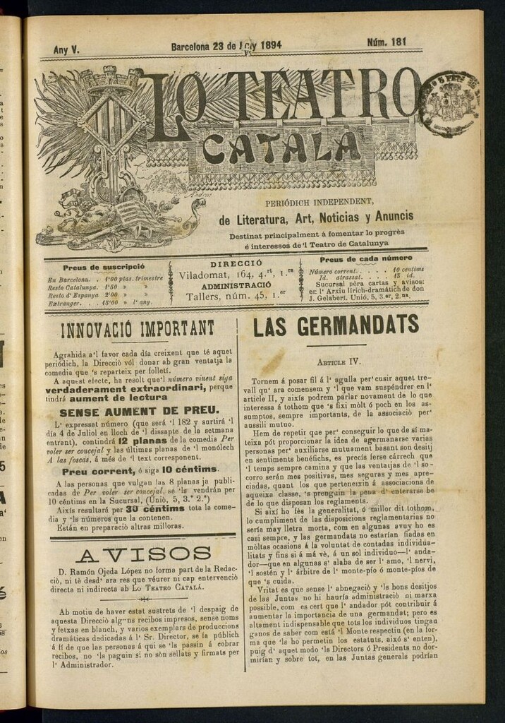 Miniatura de Lo Teatro Catalá del 23 de juny de 1894