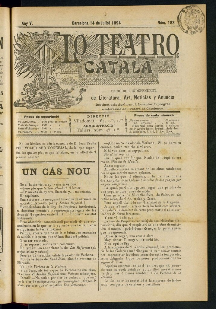 Miniatura de Lo Teatro Catalá del 14 de juliol de 1894
