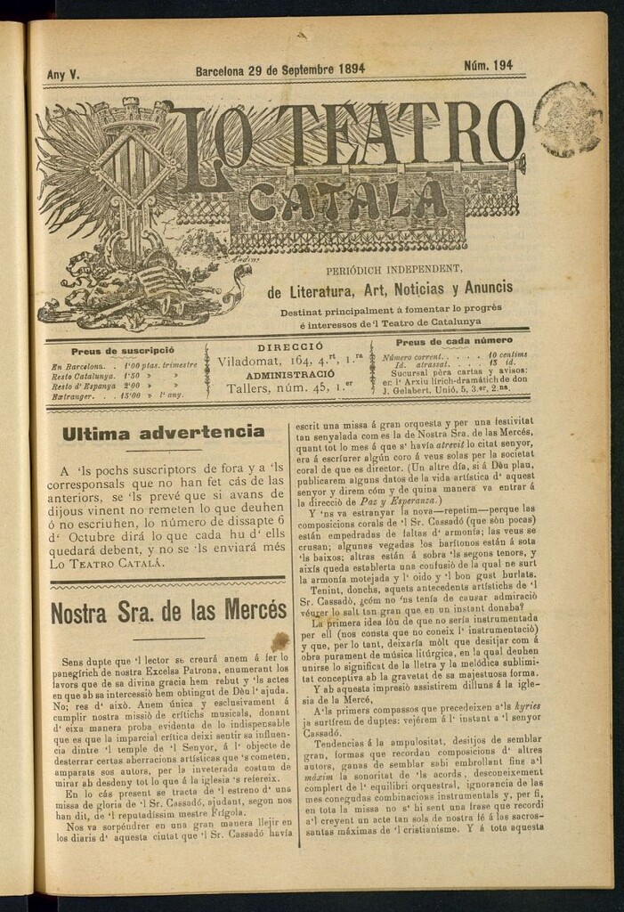 Miniatura de Lo Teatro Catalá del 29 de septembre de 1894