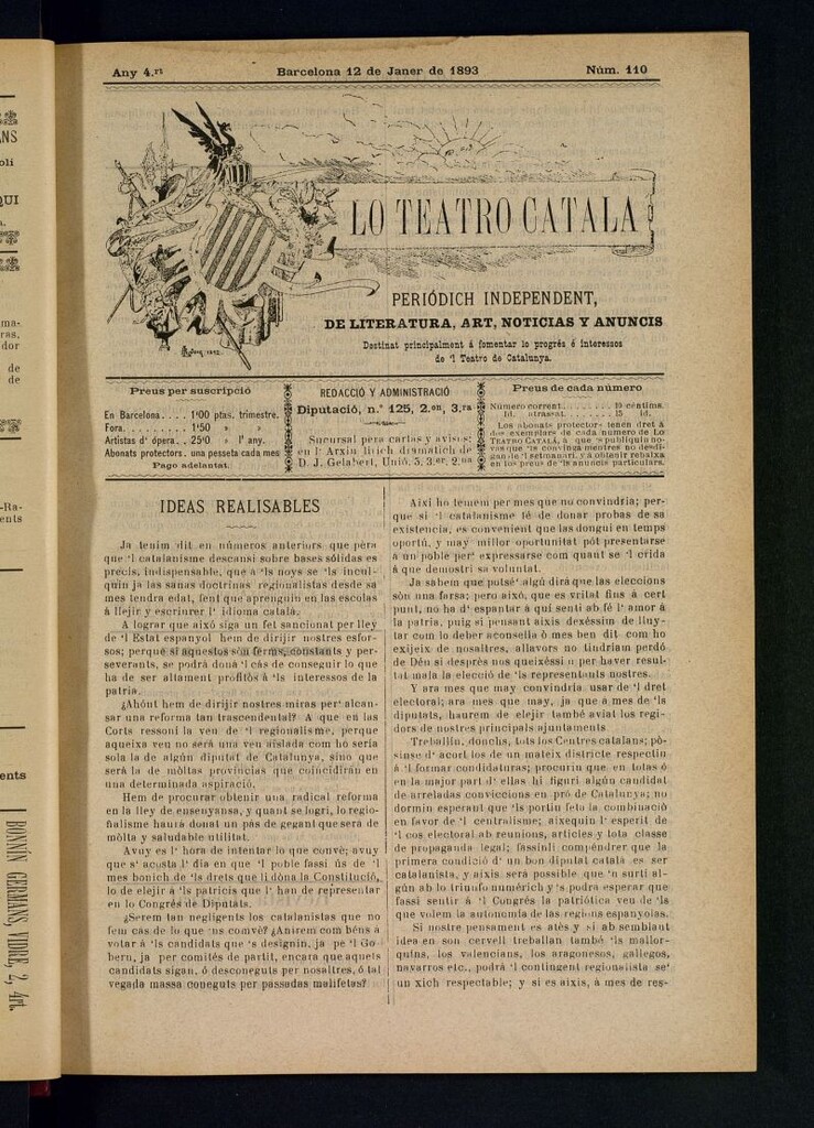 Miniatura de Lo Teatro Catalá  del 12 de janer de 1893
