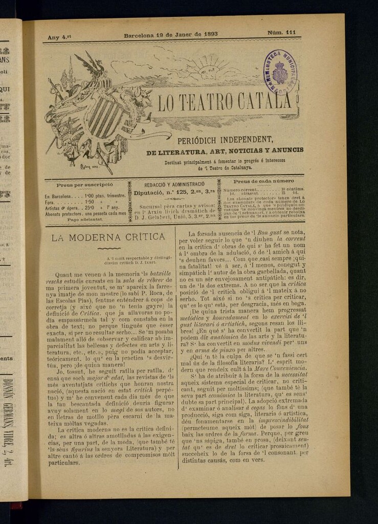 Miniatura de Lo Teatro Catalá  del 19 de janer de 1893