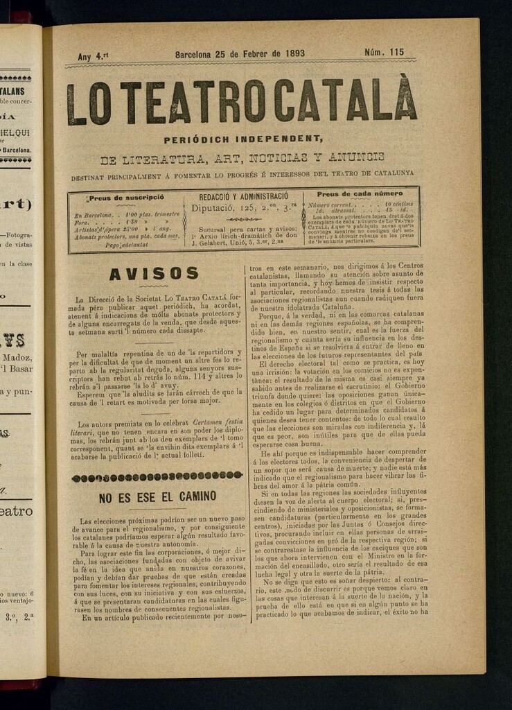 Miniatura de Lo Teatro Catalá  del 25 de febrer de 1893