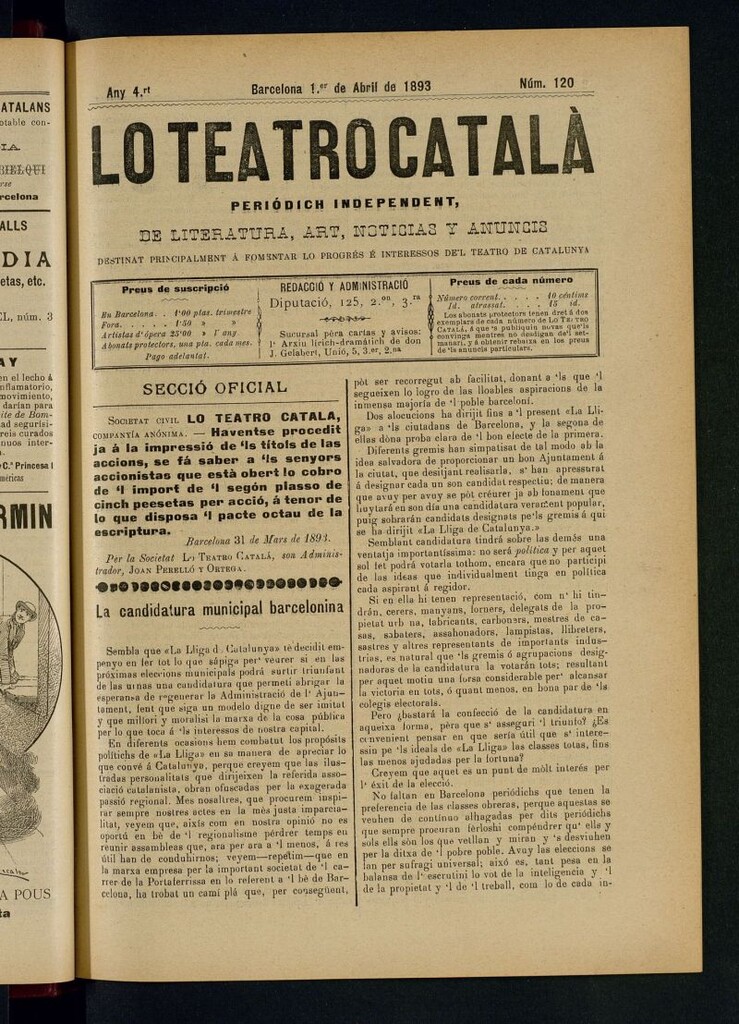 Miniatura de Lo Teatro Catalá  del 1 de abril de 1893