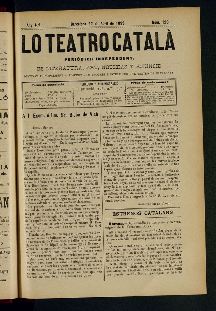 Miniatura de Lo Teatro Catalá  del 22 de abril de 1893