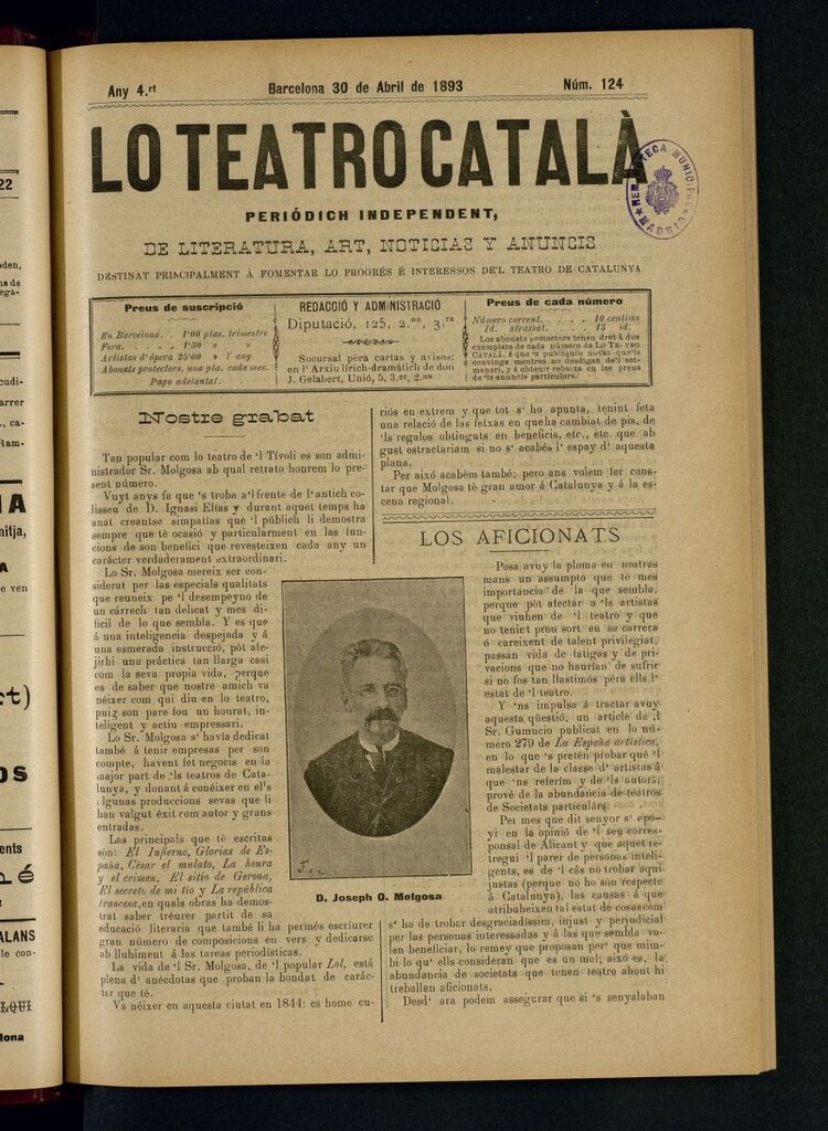 Miniatura de Lo Teatro Catalá  del 30 de abril de 1893