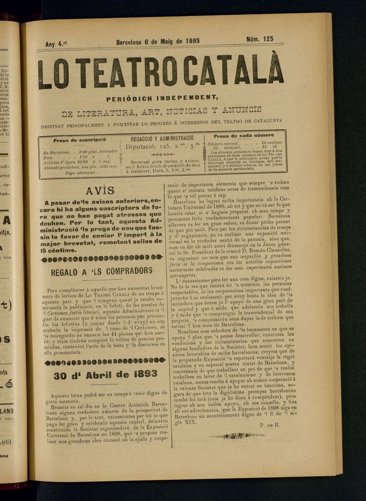 Miniatura de Lo Teatro Catalá  del 6 de maig de 1893