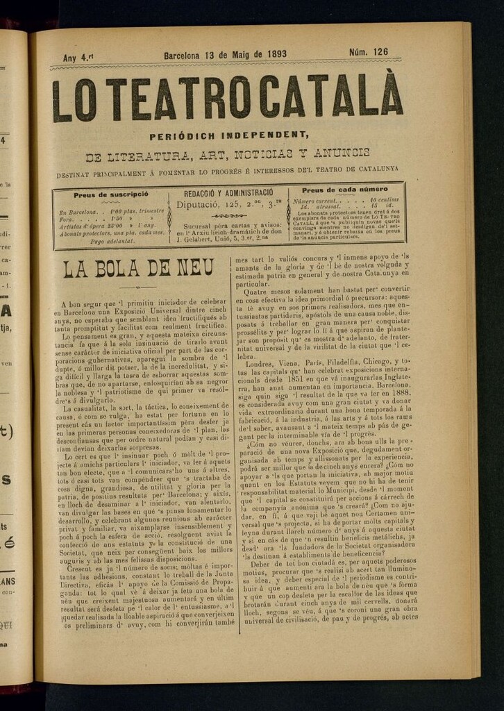 Miniatura de Lo Teatro Catalá  del 13 de maig de 1893