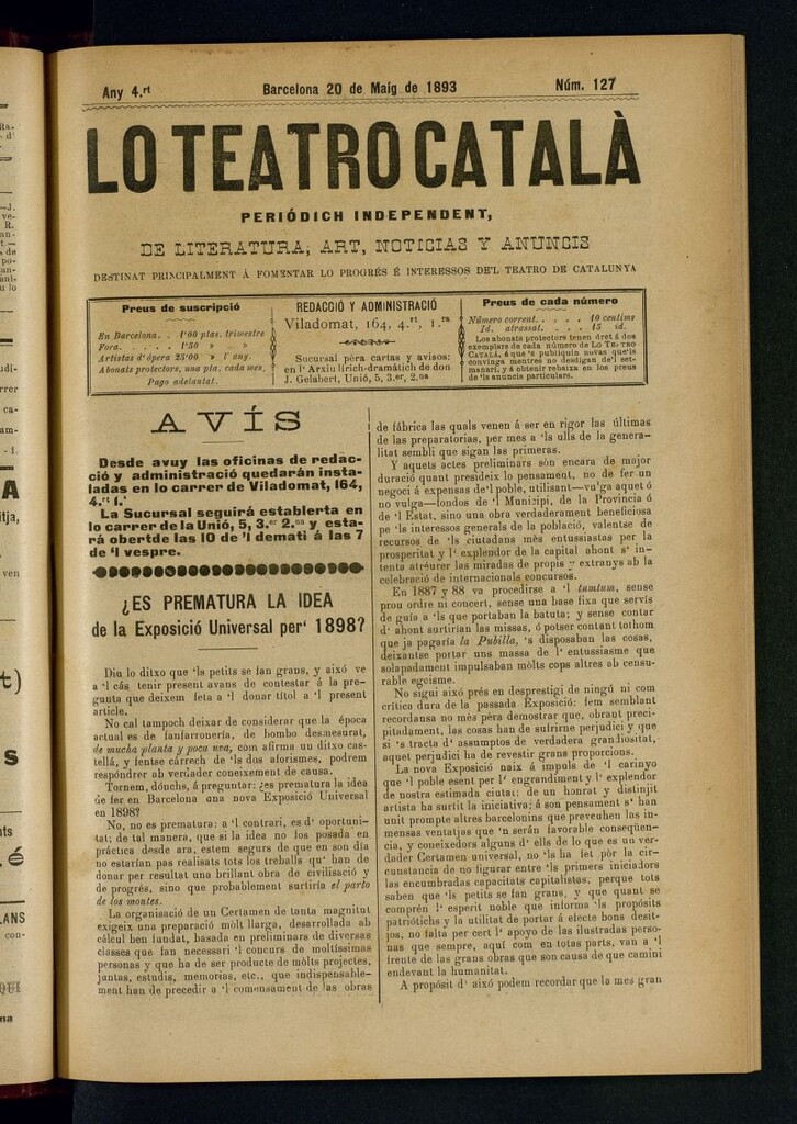 Miniatura de Lo Teatro Catalá  del 20 de maig de 1893