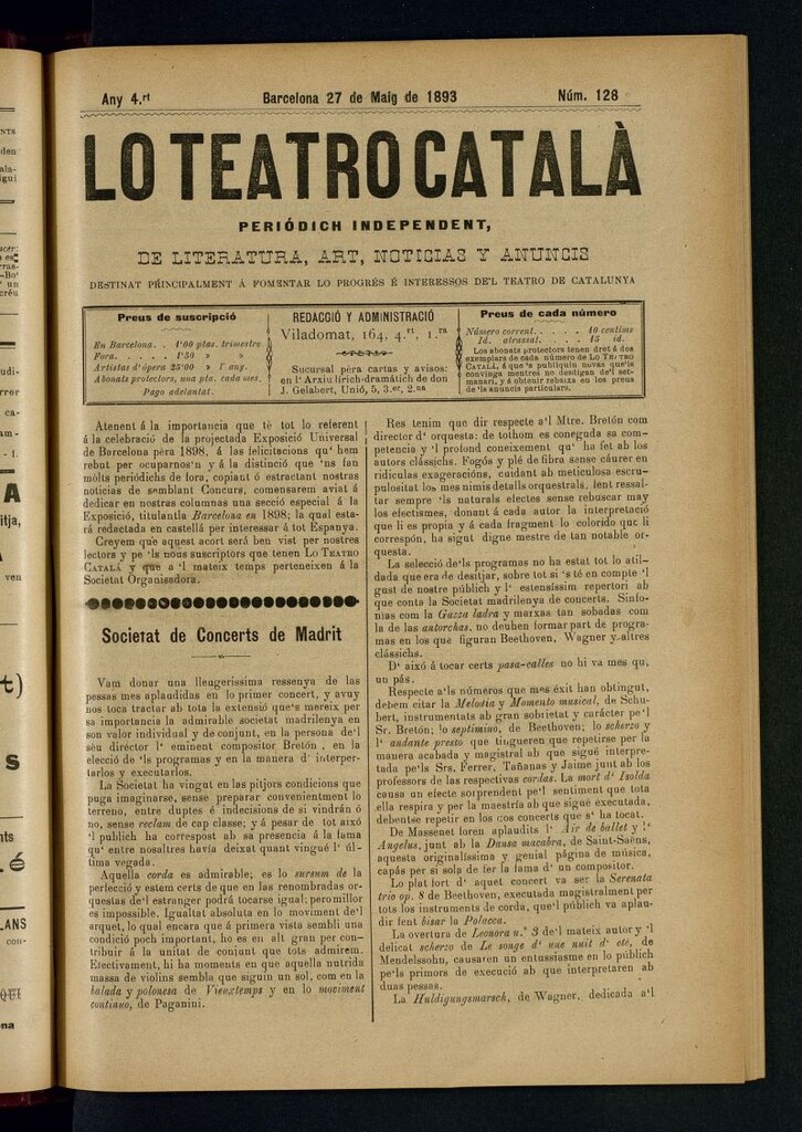 Miniatura de Lo Teatro Catalá  del 27 de maig de 1893